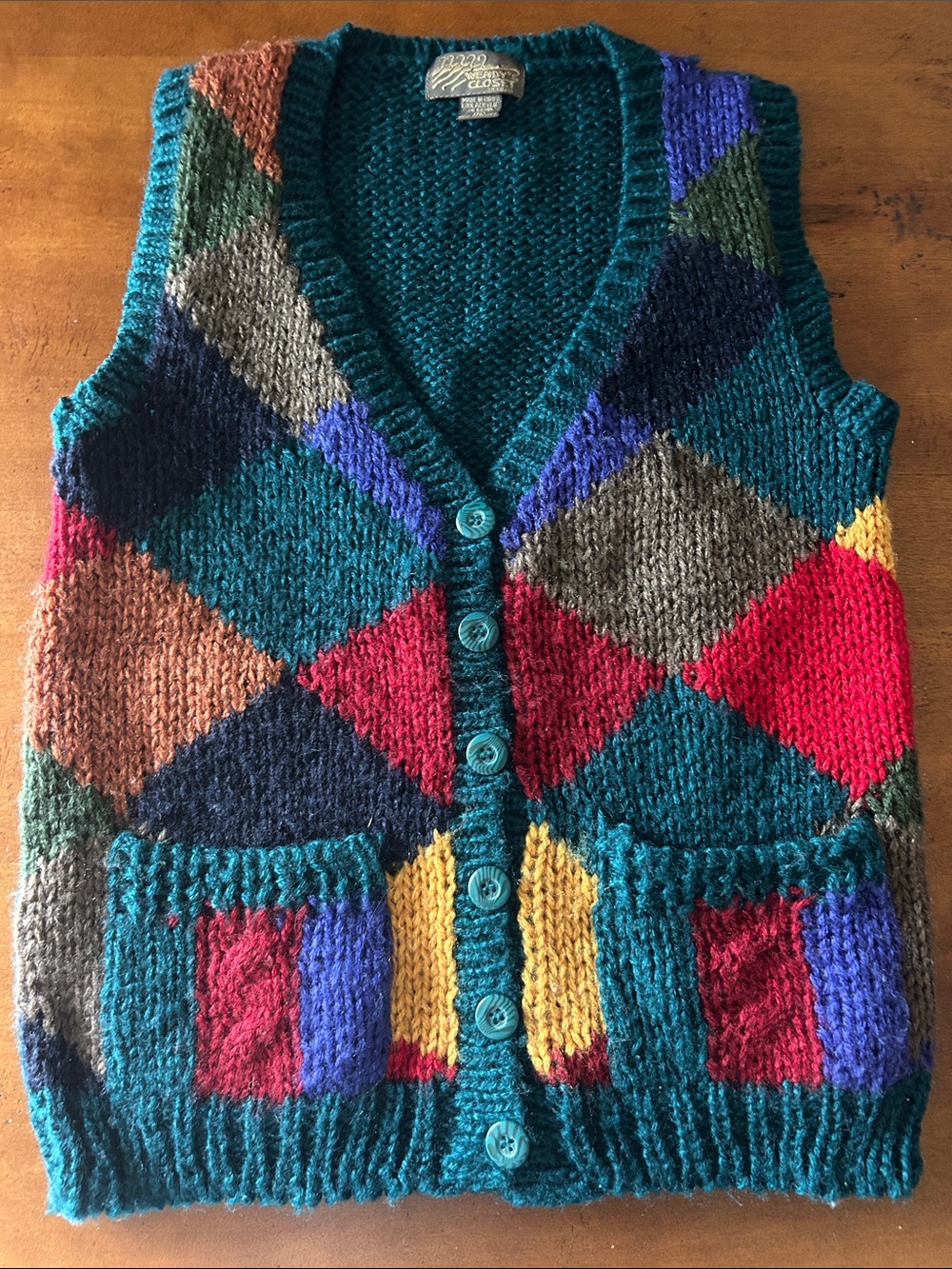Vintage Made in Korea Multicolor Diamond Knit Button-Front Sweater Vest